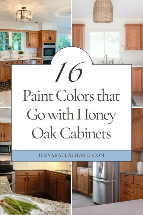 Looking for paint colors that go with honey oak? Whether it's for trim, wood, or cabinets, here are the best paint colors to go with honey oak cabinets. If you're updating an oak kitchen, discover what color to paint kitchen walls with honey oak cabinets and find the perfect wall paint colors to complement oak cabinets in your home. Update Kitchen With Oak Cabinets, Paint Kitchen Walls, Painting Honey Oak Cabinets, Updating Oak Cabinets, Oak Kitchen Cabinets Wall Color, Honey Oak Trim, Greige Paint Color, Perfect Greige, Oak Bathroom Cabinets