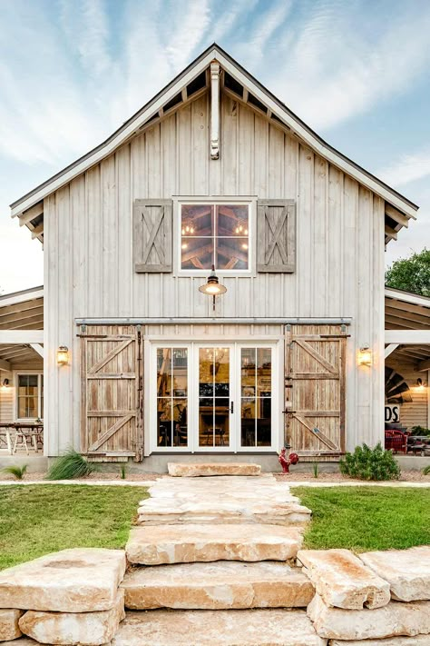 Starlight Barn-02 Barn With Greenhouse Attached, Barn Plans With Apartment, Metal Barns Exterior, Barn Window Ideas, Barn Ideas Buildings, White Pole Barn, Barnhouse Homes, Man Cave Pole Barn, Party Barn Interior