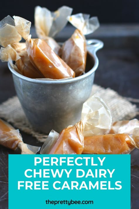 Caramel Candy Recipe, Vegan Entertaining, Dairy Free Caramel, Alkaline Snacks, Homemade Caramel Candy, Caramel Candies Recipe, Dairy Substitutes, Nut Free Desserts, Caramel Candies