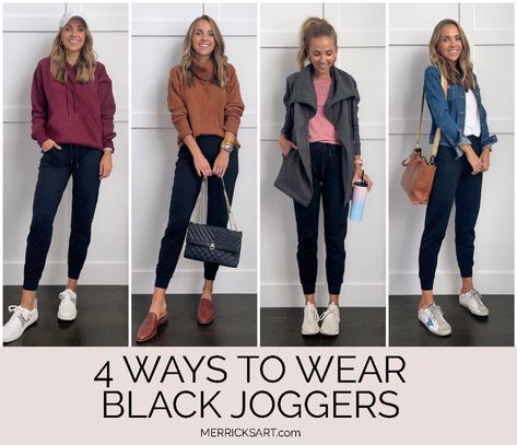 4 Fall Outfits with Black Joggers - Merrick's Art Black Jogger Travel Outfit, Black Jogger Jeans Outfit, Black Jean Joggers Outfit, Dress Joggers Outfits, Styling Black Joggers Women, Dressy Black Joggers Outfit, Style Black Joggers Women, Winter Outfits With Joggers, How To Dress Up Black Joggers