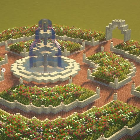 Aesthetic Minecraft Village Houses, Minecraft Garden Inspiration, Minecraft Garden Gazebo, Mc Aesthetic Builds, Cottage Core Things To Add To Your Minecraft World, Garden Minecraft Aesthetic, Front Yard Minecraft Ideas, Mc Fountain Ideas, Nice Minecraft Builds