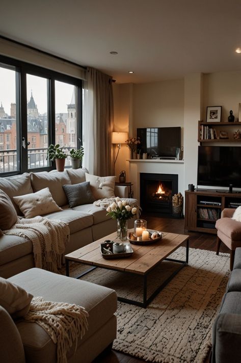 Manhattan Home Decor, Boho Brown Living Room, Warm Home Interior Design, Cute Modern Apartment Ideas, White And Brown House Interior Design, Brown And White Apartment, Warm Natural Living Room, Living Room Designs Earthy, Living Room Configuration Layout