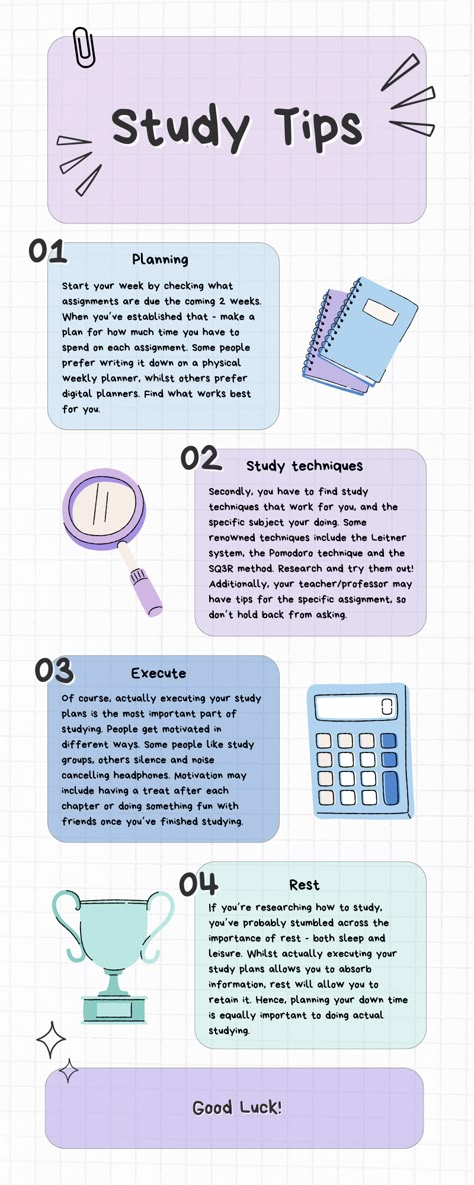 1 - Planning 2 - Study techniques 3 - Execute (Study) 4 - Rest (Sleep, have fun, exercise, socialise etc.) Study tips from a straight A's student! Cute Study Ideas, Must Haves Back To School, Studying Vocabulary Tips, Planner For School Ideas, School Organisation Tips, Fun Study Ideas, Inspo For Studying, Study Tips And Hacks, Last Min Study Tips