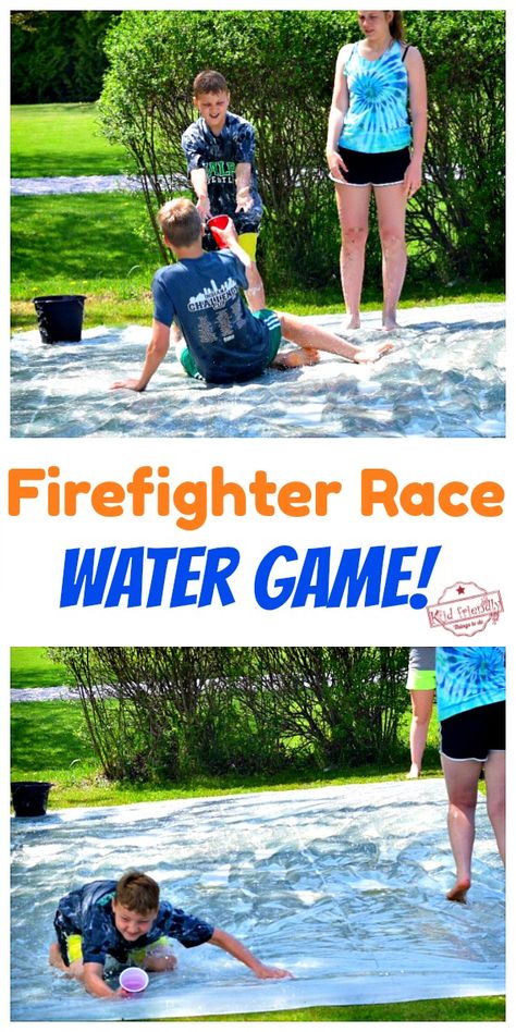 Fire Fighter Race - A Fun Water Game for Kids and Teens to play. Keep the kids entertained and cool off this summer with this fun DIY Water Game for Kids and teens! Firefighter race is easy to set up and take down. Play it over and over again. Get the kids moving and enjoying outside, today! www.kidfriendlythingstodo.com #outdoorgame #summerwatergame #diywatergame #watergameforkids #watergameforteens Water Games For Middle Schoolers, Water Games For Field Day, Water Relay Games, Water Games For Teenagers, Water Games For Teens, Fun Summer Games, Fun Water Games, Outdoor Water Games, Field Day Games