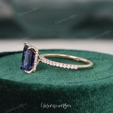 2.5ct Blue Sapphire Engagement Ring Hidden Halo Emerald Cut - Etsy Emerald Cut Sapphire Engagement Ring, Halo Sapphire Ring, Emerald Cut Sapphire Ring, Emerald Cut Engagement Ring Halo, Engagement Ring Hidden Halo, Engagement Ring Women, Ring Hidden Halo, Blue Sapphire Engagement Ring, Cute Engagement Rings