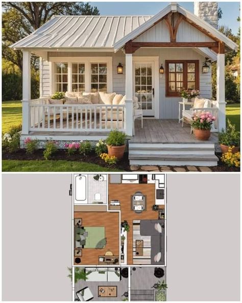 Cottage Flooring, Small Cottage House Plans, Small House Layout, Small Cottage Homes, Tiny House Layout, Tiny House Inspiration, Casas The Sims 4, Tiny Home Ideas, Sims House Plans