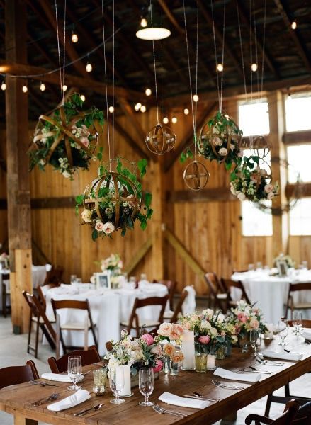 Modern + rustic wedding reception decor - hanging wedding decor - rattan spheres with greenery and string lights {Ashley Cox Photography} Barn Wedding Reception Decorations, Rustic Barn Wedding Reception, Hanging Centerpiece, Wedding Ceiling, Barn Wedding Reception, Rustic Wedding Reception, Barn Wedding Decorations, Rustic Wedding Decorations, Barn Decor