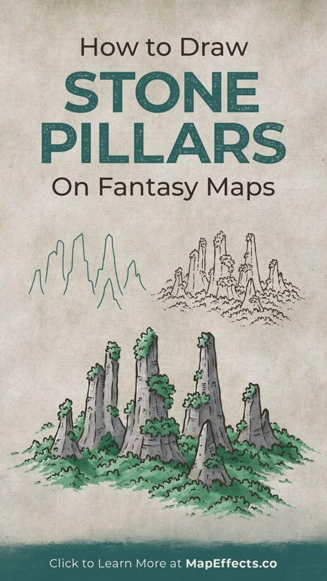 How to Draw Stone Pillars on Your Fantasy Maps - Map Effects Tutorial for "Avatar Mountains" Fantasy Drawing Tutorial, Fantasy Map Landmarks, Fantasy Maps Drawing Ideas, Fantasy Island Map Drawing, Things To Add To Your Fantasy Map, Maps Fantasy World, Drawing Fantasy Maps, How To Draw Fantasy Maps, How To Draw A Fantasy Map