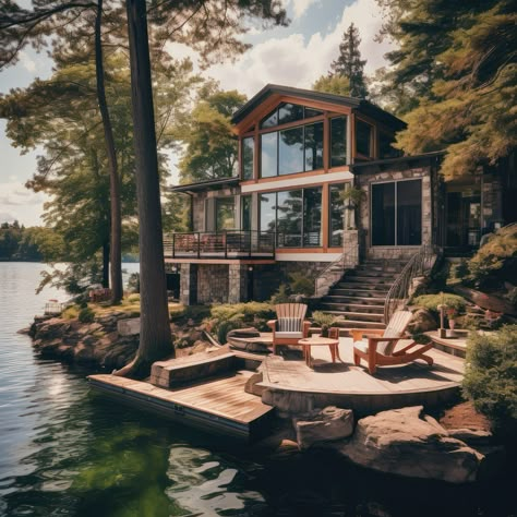 Forest Lake House, Lakefront Homes Exterior, Modern Lake House Exterior, House On River, The House Across The Lake, Redwood House, Colorado Houses, House Near Lake, Mobile Home Bathroom Remodel