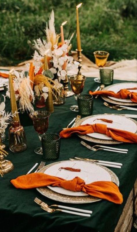 Hunter Green Terracotta Wedding, Fall Color Table Setting, Burnt Orange And Green Table Decor, Terracotta And Pine Green Wedding, Dark Green And Rust Orange Wedding, Orange And Green Event Decor, Emerald Green Fall Decor, Green And Rust Table Setting, Burned Orange And Green Wedding