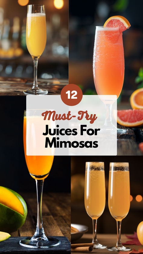 Juices for Mimosas Grand Mimosa Recipe, Mimosa Without Orange Juice, Unique Mimosa Recipe, Mimosa Bar Juice Flavors, Fruity Mimosa Recipe, Mimosa Juice Flavors, Best Juices For Mimosa Bar, Mimosa Drinks Recipes, Fun Mimosa Recipe