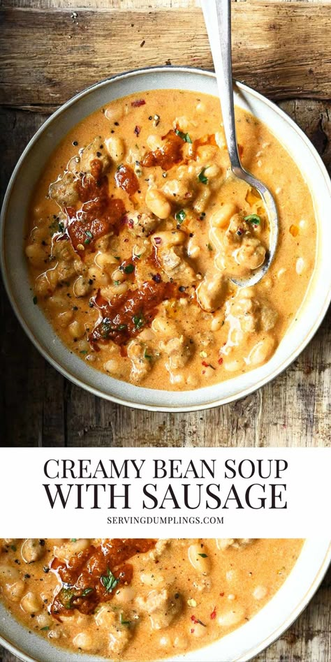 Creamy Bean Soup with Sausage - Serving Dumplings Creamy Bean Soup, Recipes For Cold Days, Bean Soup With Sausage, Serving Dumplings, Soup With Sausage, Red Pesto, Seafood Soup, Savory Soups, Soup Season