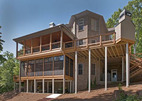 3 level open porch with fireplace, Eze-Breeze porch and patio. Designed and built by Atlanta Decking. 3 Story Deck, Deck Over Carport, Porch Off Kitchen, 2nd Story Deck, Eze Breeze, Pergola Patio Ideas Diy, Patio Ideas Diy, Decking Fence, Porch With Fireplace