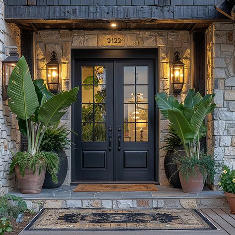 Tropical Front Door Decor, Tropical Front Door Entrance, Home Entrance Decor Outdoor, House Entrance Ideas Entryway Exterior, Tropical Front Porch, White Bird Of Paradise Plant, Entrance Plants, Modern Front Door Decor, Christmas Wallpaper Christmas Tree