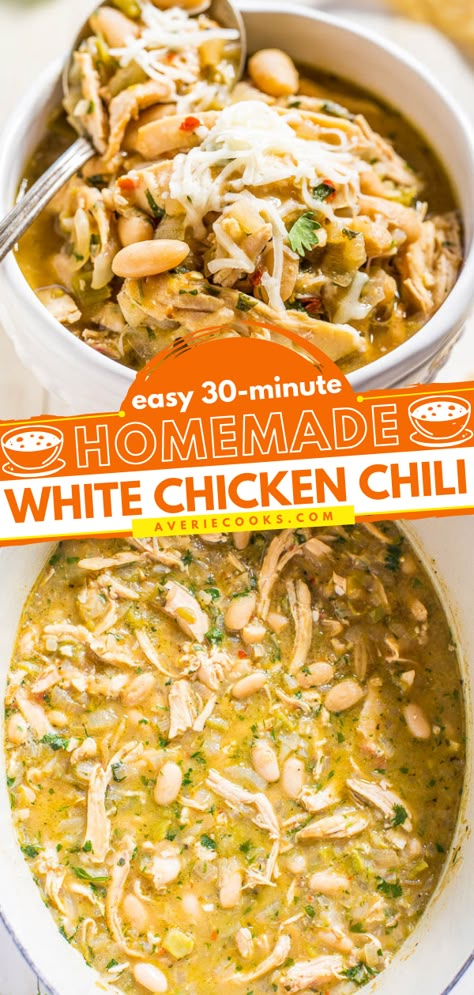 Easy 30-Minute Homemade White Chicken Chili - Averie Cooks Healthy White Chicken Chili Stove Top, Stove Top White Chicken Chili, Homemade White Chicken Chili, White Chili Chicken, Easy White Chicken Chili, Chili Chicken Recipe, White Chicken Chili Recipe, White Bean Chicken Chili, Averie Cooks