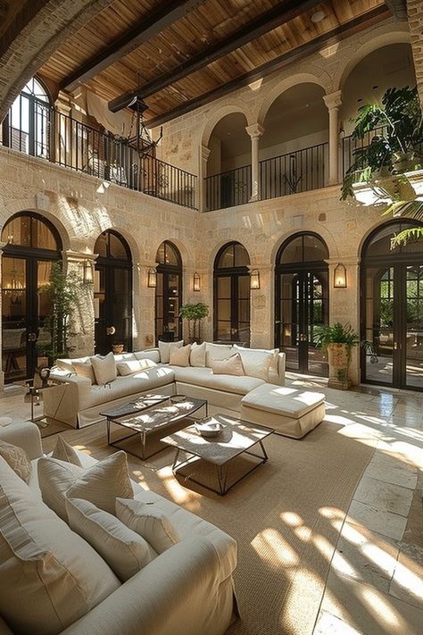 39 Mediterranean Mansions to Inspire Your Dream Home Mediterranean Houses Inside, Mexico Luxury Home, Mediterranean Houses Aesthetic, Meditteranean House Interior Design, Midetteranean House, Living Room Inspo Mediterranean, Meditteranean House Design, Mediterranean Guest House, Mediterranean House Inspiration