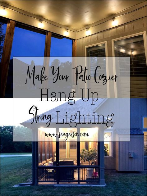 Considerations when hanging stright lighting outside as an extension to your living space installing patio lights! Hanging Edison Lights, Porch String Lights, Deck String Lights, String Lights Patio, Patio Lighting Ideas, Hanging Patio Lights, Diy Patio Cover, Outdoor String Lights Patio, Diy String Lights