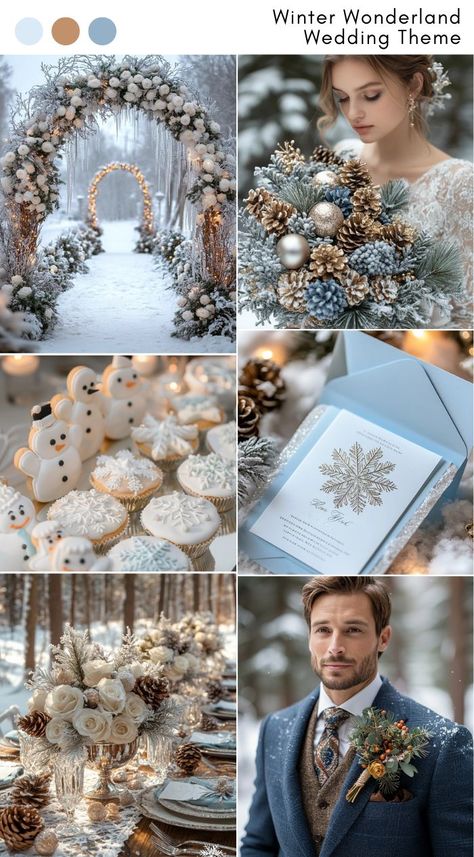 Winter wonderland wedding theme ideas for a sparkling, snow-inspired celebration. December Wedding Theme Ideas, Winter Wonderland Vow Renewal, Winter Wedding Ice Blue, Winter Wedding Venue Snow, Blue Winter Wedding Decor, Winter Wedding Astethic, Winter Wedding Aesthetic Blue, Enchanted Winter Wedding, Romantic Winter Wedding Decor