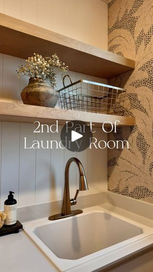 35K views · 572 reactions | My excitement was off the charts when we opened the box!   These gorgeous white oak shelves from @lyonscrafted couldn’t be any better, and they perfectly complement the wallpaper in our laundry room. Plus, they were pretty simple to install—just find the studs, make sure those brackets were level, and on they went.   BUT We’re not done yet—there are still a few more finishing touches to add. Stay tuned for the final reveal!   🤎 Product Ordered 🤎   •  Bare white oak floating shelves  •  63” length x 12” depth   •  Metal Brackets (recommended for shelves over 10” deep)  SAVE & SHARE with a bestie!  Comment “SHELF” to receive a 🔗 with the details and ENSURE to follow @the.cardinal.home so the Msg doesn’t get blocked 🤗  _____  #homediy #homedecor #laundryroom #h Laundry Floating Shelves, Laundry Room With Floating Shelves, Floating Shelves In Laundry Room, Laundry Room Floating Shelves, Floating Shelves Laundry Room, White Oak Shelves, White Oak Floating Shelves, Laundry Makeover, Oak Floating Shelves