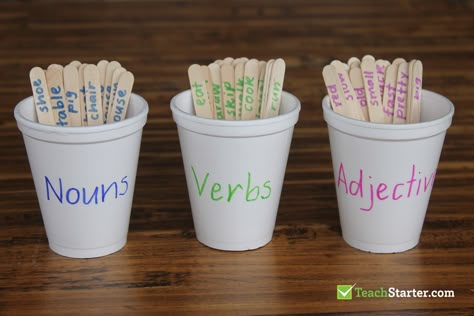 9 Clever and Creative Ways to Use Paddle Pop Sticks in the Classroom | Teach Starter Nouns Verbs Adjectives Activities, Popsicle Stick Activities, Stick Activities, Adjectives Activities, Verbs And Adjectives, Paddle Pop, Silly Sentences, Grammar Games, Learning Sight Words