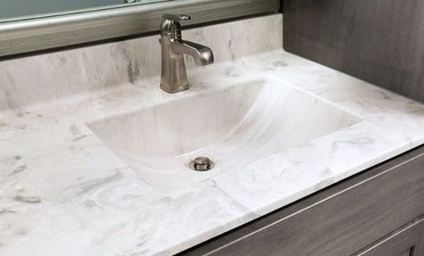 White cultured marble vanity top looks like marble Granite Vanity Tops Bathroom, Cultured Marble Countertops Bathroom, Bathroom Vanity Top Ideas, Cultured Marble Bathroom, Cultured Marble Shower Walls, French Quarter Decor, Cultured Marble Shower, Marble Countertops Bathroom, Cultured Marble Countertops