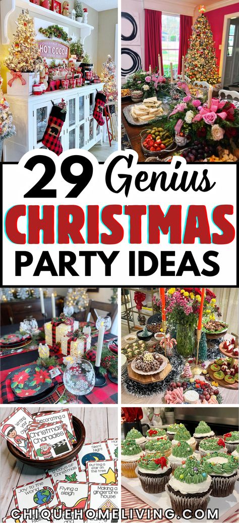 Throw the ultimate holiday bash with these 29 Best Christmas Party Ideas for a Jolly Good Time! From classic themes like Ugly Sweater Parties to elegant Winter Wonderland gatherings, these ideas cover it all. Set up a hot cocoa bar, organize a holiday movie marathon, or host a cookie-decorating contest to keep guests entertained. Add festive touches like DIY photo booths, Ideas For Hosting Christmas, Decorating For A Christmas Party, Christmas Party Hall Decorations, Christmas Decorating Party, Christmas Party Set Up Ideas Layout, Christmas Party Decorating Ideas, Jingle Mingle Party Ideas, Hosting A Christmas Party At Home, Fun Holiday Party Ideas