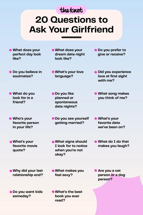 To help you get to the nitty-gritty, we've rounded up the 215 best questions to ask your gf, broken out into the most popular categories. Questions To Ask My Girlfriend, Funny Questions To Ask Your Girlfriend, Cute Questions To Ask Your Girlfriend, Deep Questions To Ask Your Girlfriend, Questions To Ask Your Gf, Things To Ask Your Girlfriend, Question To Ask Your Girlfriend, Girlfriend Meaning, Questions To Ask Your Girlfriend