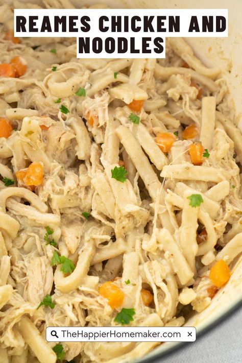 Homestyle Reames chicken and noodles starts with frozen egg noodles and adds perfectly seasoned shredded chicken and carrots to make this ultimate comfort food meal! Frozen Noodles And Chicken, Chicken And Noodles Egg Noodles, Freezer Chicken And Noodles, Chicken Noodle With Reames Noodles, Reames Noodles Instant Pot, Chicken And Frozen Egg Noodle Recipes, Chicken And Noodles Rotisserie, Cream Chicken And Noodles, Creamy Chicken And Noodles Instant Pot