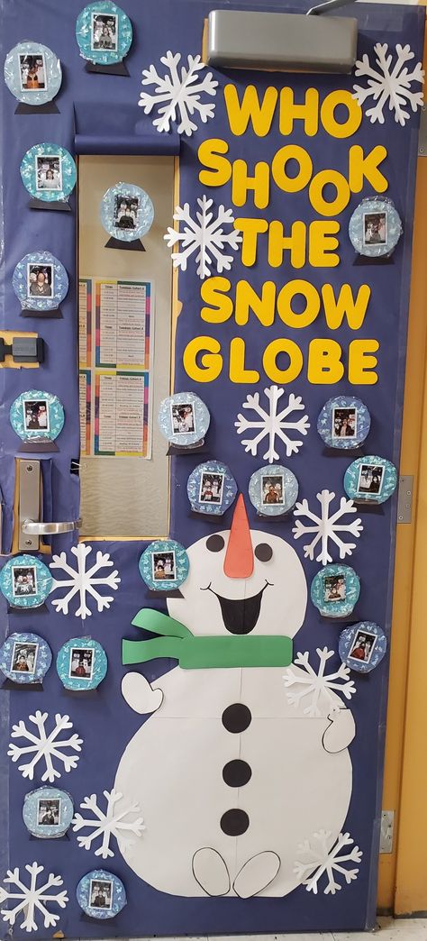 December School Door Decorations, Christmas Door Infant Room, Frosty Door Decoration, Christmas Decor Ideas For Infant Classroom, Snow Globe Door Decorations For School, Classroom Door Ideas For January, Christmas Classroom Decorations For Kids Door Decorating, Classroom Door Decor For Christmas, Snow Themed Classroom Door