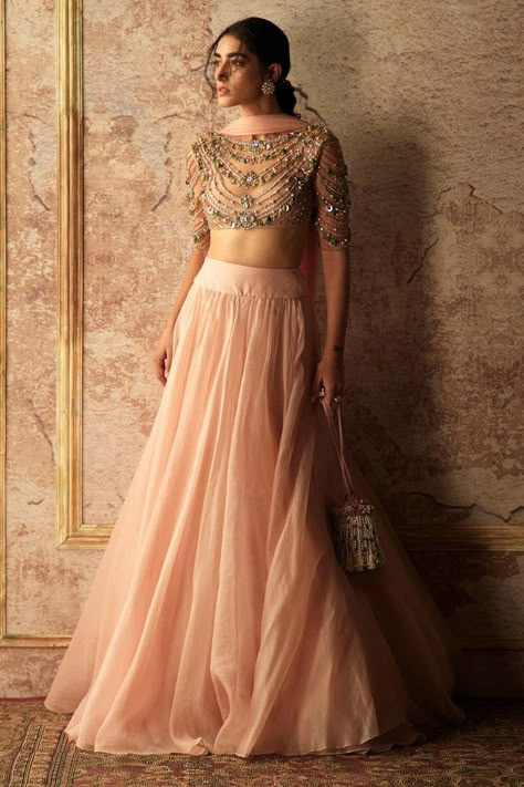 Champagne Blouse, Champagne Skirt, Peach Lehenga, Ridhi Mehra, Organza Lehenga, Gaun Fashion, Organza Skirt, Embroidered Crop Tops, Red Lehenga