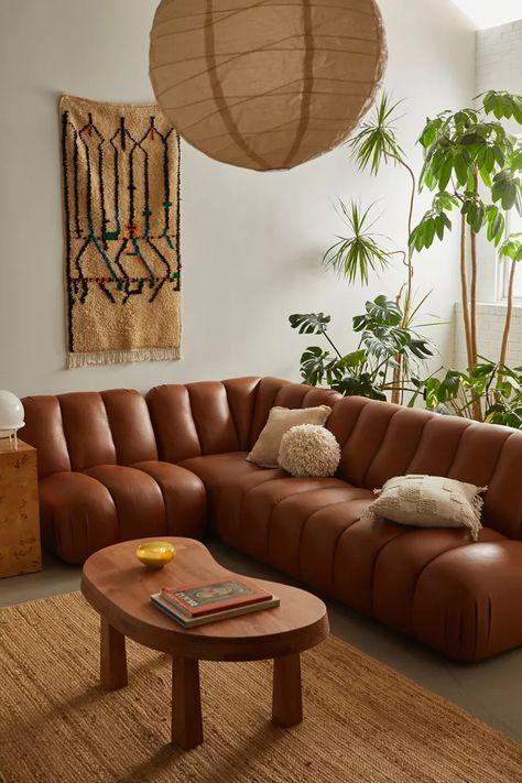 Modern Natural | Midcentury Modern Furniture | Urban Outfitters Leather Modular Sofa, Mid Century Modern Living Room, Inspire Me Home Decor, Leather Couch, Contemporary Sofa, Decor Minimalist, Living Room Inspo, Couches Living Room, Cozy Living Rooms