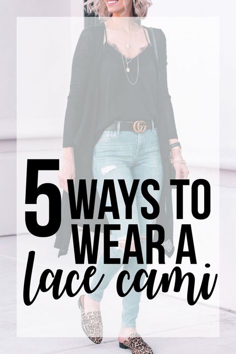 5 ways to wear a lace cami Black Lace Camisole Outfit, Cami Outfit Ideas, Cami Top Outfit Winter, Black Lace Cardigan Outfit, Cami And Cardigan Outfit, How To Style Cami Top, Black Lace Cami Outfit, Cami And Jeans Outfit, Black Cami Top Outfit