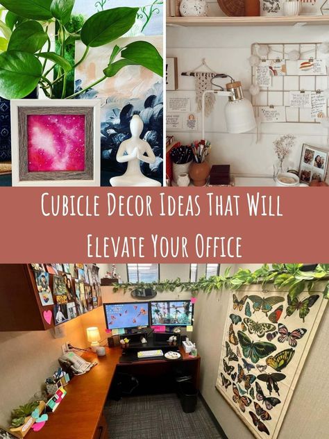 Decorated Office Cubicles, Cubicle Wall Fabric, Cubical Office Decor Ideas, Cubicle Gallery Wall, Decorate Cubicle At Work Cozy, Relaxing Cubicle Decor, Small Office Cubicle Decor, How To Decorate Office Cubicle, Boho Work Office Decor