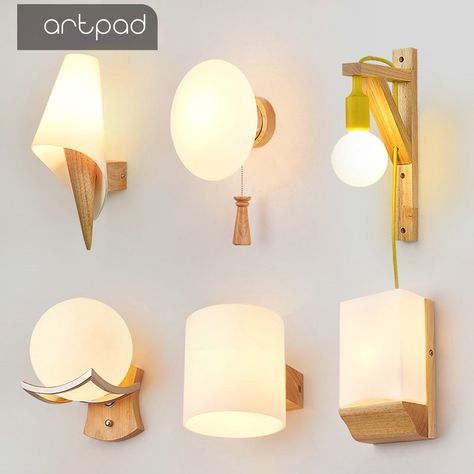 Wall Lamp Interior, Bedroom Bedside Lamps, Wood Lamp Base, Balcony Lighting, Wall Wood, Wooden Lanterns, Scandinavian Wall, Glass Lampshade, Nordic Wall