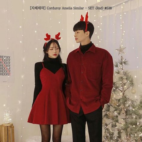 Valentine Couple Outfits, Couple Clothes Matching Outfits, Korean Couple Outfits, Couple Outfits Matching, Casual Christmas Party Outfit, Matching Christmas Outfits, Couple Matching Outfits, Aesthetic Couples, Outfit Korean Style