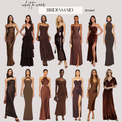 Brown bridesmaid dresses chocolate gowns for fall and winter wedding Black And Brown Bridesmaid Dresses, Chocolate Brown Dress Outfit Wedding, Deep Brown Bridesmaid Dresses, Brown And Gold Bridesmaid Dresses, Dark Academia Bridesmaid Dress, Bridesmaid Dresses Bronze, Chocolate Brown Formal Dress, Brown Bridesmaid Dresses With Groomsmen, Brown Dress Wedding Guest