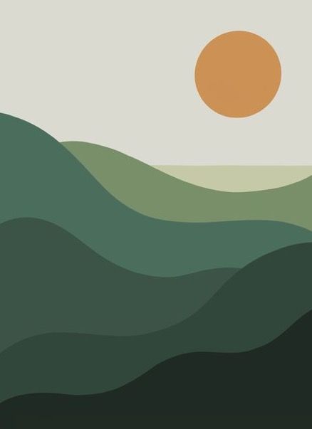 Mountains Illustration Simple, Sunrise Illustration Minimal, Simple Green Painting, Green Painting Ideas Art Easy, Easy Minimalist Painting, Minimalist Painting Ideas, Hills Illustration, Easy Procreate Art, Simple Graphic Illustration