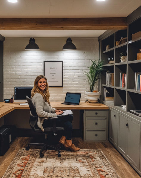 Basement home office renovation. Turn your unfinished basement into a great workspace with bookcase. #homeoffice #renovation #basement #office #basementoffice #basementfinish #desk #workspace #bookcase Garage Office Combo, Basement Computer Area, Full Wall Office Desk, Masculine Sports Office, Basement Built In Desk, Basement Remodel With Office, Office Space In Kitchen Area, Small Home Office No Window, Basement Office Craft Room