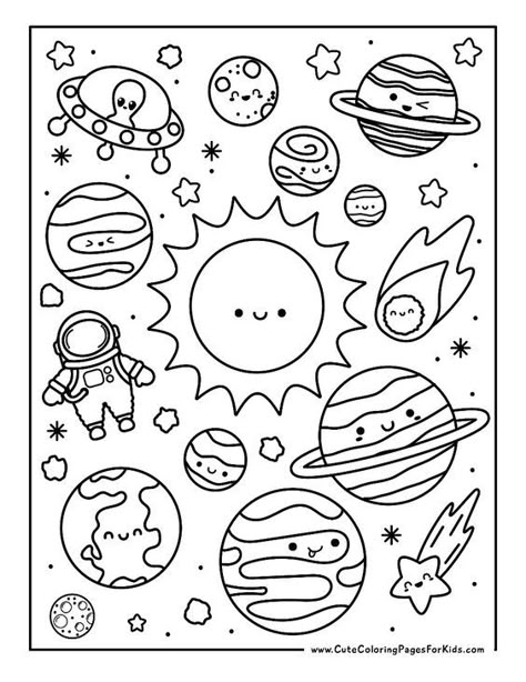 Free printable cute space themed coloring sheet for kids - Grab the easy printable PDF download along with more cute space coloring pages to keep kids busy and entertained all year long. These simple kids activities are perfect to have on hand for your classroom, for homeschool, daycare, kids at home and more. Save and print them all when you need a free and easy indoor activity for kids that is quiet and calming. Free Space Coloring Pages, Small Coloring Pages Free Printable, Space Coloring Pages Free Printable, Science Coloring Pages Free Printable, Activities For Kids At Home Printable, Free Kids Coloring Pages Printables, Kids Activities Printable, Easy Drawings To Color, Color Sheets For Kids Printables Free