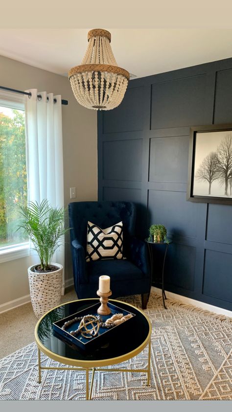 Sitting Room With Wall Panelling, Dark Wall Accent Living Room, Beaded Wall Panelling Living Room, Hale Navy Accent Wall Office, Navy Wall Panelling Living Room, Navy Accent Decor, Navy Panelling Dining Room, Navy And Beige Dining Room, Navy Lounge Room