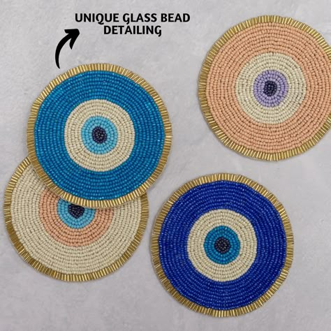 Beaded Coasters, Boho Coasters, Farmhouse Coasters, Coasters Cute, Evil Eye Decor, Marble Tables, Gold Coasters, Bead Matted, Eye Motif