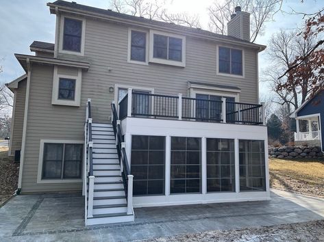 3 Season Porch Under Deck, Deck Over Sunroom, Walkout Basement Sunroom, Sunroom Under Deck Ideas, Screen In Under Deck, Room Under Deck Ideas, Addition With Deck On Top, Under Deck Room Addition, 4 Season Room Under Deck