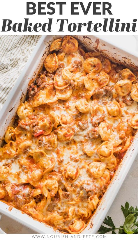 Crowd-pleasing baked tortellini is a delicious cheesy casserole with extra oomph thanks to an easy yet flavorful tomato and meat sauce. With fewer than 10 ingredients and about 10 minutes of prep, this is a terrific way to deliver a hot meal on busy nights. It's easy to make ahead, too. Baked Tortellini Recipes, Baked Tortellini, Tortellini Bake, Tortellini Recipes, Cheesy Casserole, Pasta Dinner Recipes, Easy Casserole Recipes, Meat Sauce, Easy Casserole