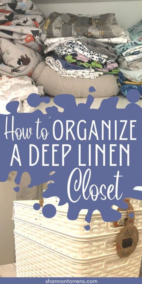 Linen Closets Ideas Hallway, Organizing Deep Closets, Deep Linen Closet, Storage Linen Closet, Linen Closet Organization Hallway, Small Linen Closet Organization, Hall Closet Organization, Linen Closet Design, Linen Aesthetic