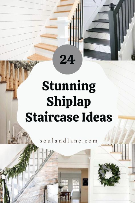 Elevate your home's aesthetic with a shiplap staircase that exudes farmhouse flair. Picture the subtle texture of shiplap panels adding depth and character to your stairwell, complemented by soft, neutral tones for a calming effect. Integrate vintage accents, like a distressed runner or antique wall sconces, to enhance the farmhouse feel. This design not only adds visual interest but also creates a cozy atmosphere, inviting you to ascend into a world where modern meets rustic in perfect harmony. Stairs Design Farmhouse, Unique Stairwell Ideas, Stairs With Shiplap Wall, Modern Stairwell Design, Staircase Shiplap Wall, Staircase Side Wall Design Ideas, Stair Edge Trim Ideas, Farmhouse Staircase Makeover, Half Pace Staircase