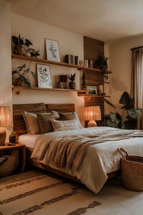 A spacious earthy bedroom designed for couples, featuring wooden furniture, soft linens, and potted greenery for a calming retreat. Couples Bedroom Ideas, Earthy Bedroom, Couple Bedroom, Soothing Colors, Bedroom Design, Bedroom Ideas, Collage, Bedroom, Pins