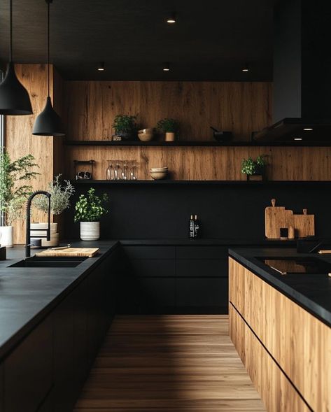 Black Home Interior Design, Black And Wood Interior, Dark Interior House, Black Home Interior, Dark House Aesthetic, Black House Interior, All Black Kitchen, Dark Wood Kitchen Cabinets, Modern Black Kitchen