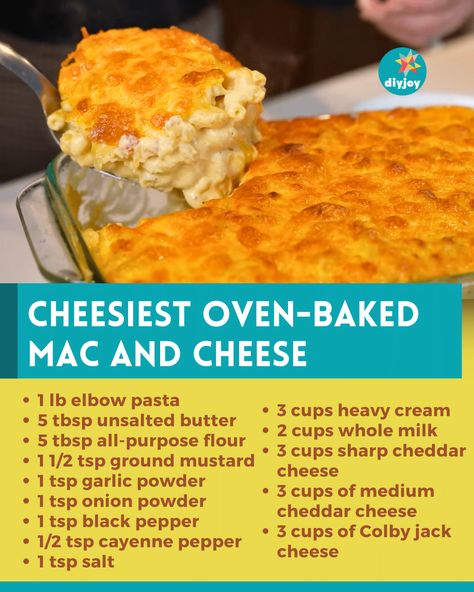 Creamiest and Cheesiest Oven-Baked MAC and CHEESE | Best Mac and Cheese Recipe | How to Make Macaroni and Cheese | Mac and Cheese Ingredients | Easy Dinner Recipe via @diyjoycrafts Mac N Cheese Pie, Baked Mac And Cheese Recipe For Large Group, Macaroni Cheese Casserole, Bakes Macaroni And Cheese, Mac And Cheese Oven Baked, Cheesy Macaroni And Cheese, Cream Cheese Mac And Cheese Recipe, Baked Mac And Cheese Recipe Without Heavy Cream, Soul Food Macaroni And Cheese