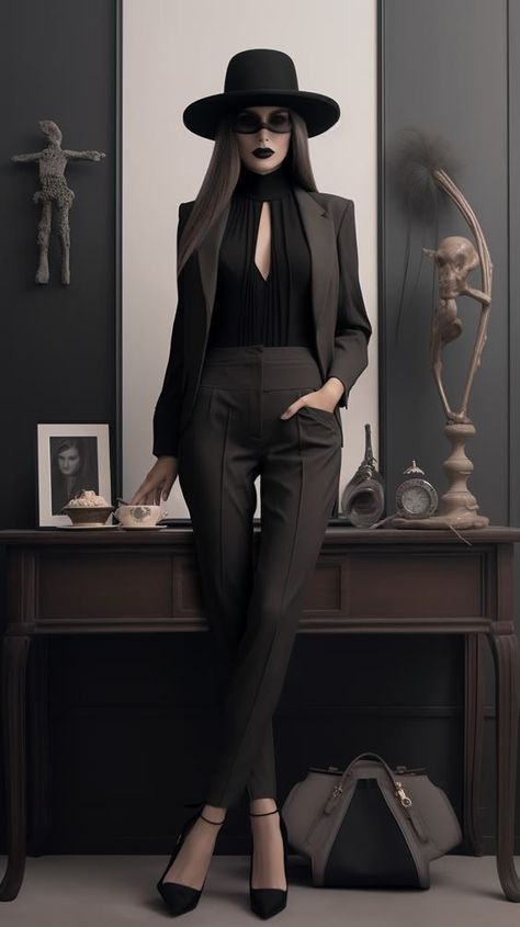 Six Of Crows Outfit Aesthetic, Morticia Addams Outfit Inspiration, Edgy Elegant Outfits, Classy Goth Aesthetic, Goth Office Fashion, Modern Witch Fashion, Look Grunge, Business Attire Women, Woman Suit Fashion