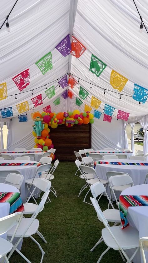 partypowers2016 on Instagram: Fiesta Set Up for Leilani’s Birthday 💚🤍❤️ . 20x30 tent fits backdrop, 6 round tables and 60 chairs. . @marrrmooo @ednuhh_… Fiesta Theme 21st Birthday Party, 50 Mexican Theme Party, Fiesta Theme Party Decorations Outdoor, Mexican Birthday Decorations, Fiesta Theme 50th Birthday Party, 50th Mexican Birthday Party Ideas, Fiesta Party Table Decor, First Fiesta Table Decor, Mexican Theme Retirement Party